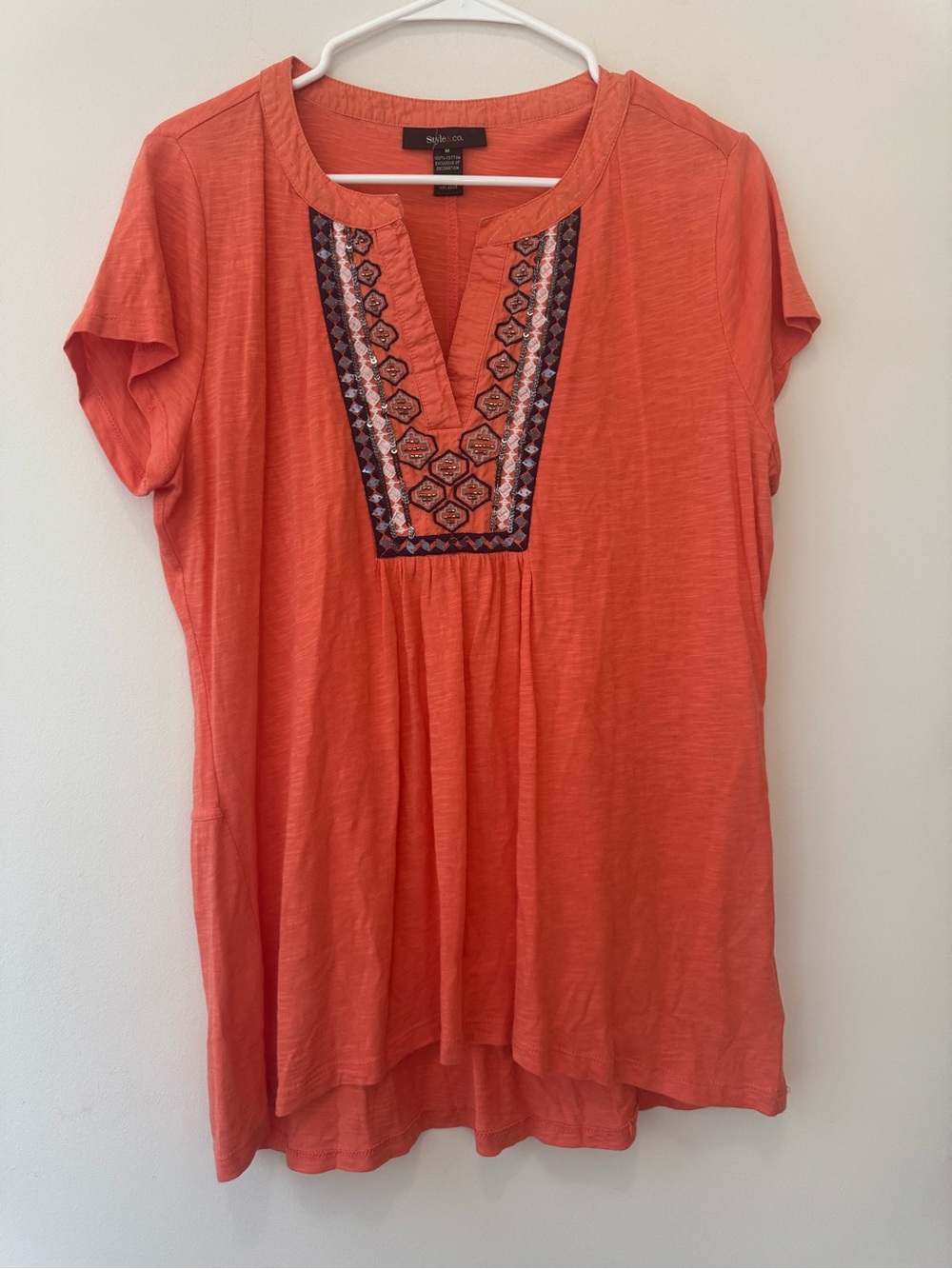 Style & Co. Coral Embroidered Split-Neck Tunic Boho 100% Cotton Sz M
